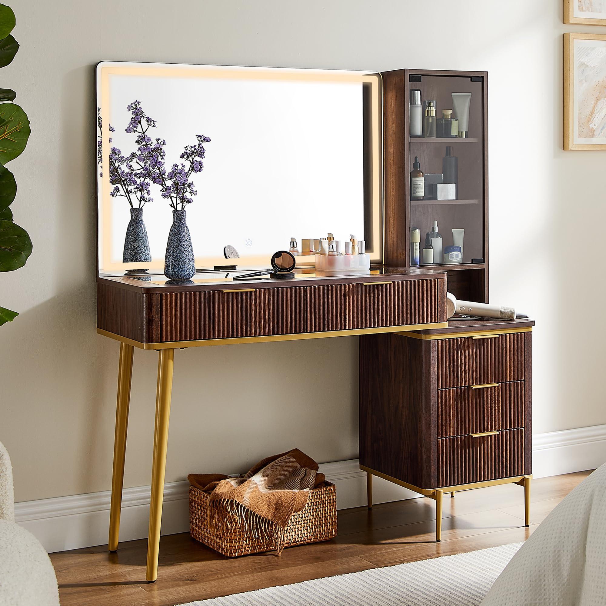 Fluted Makeup Vanity Tables with 36" HD Lighted Mirror, 48" Big Modern Vanity Desk with Glass Top & 5 Drawers & Shelves, Dressing Table,Dark Walnut