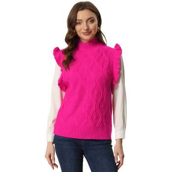 Allegra K Women's Ruffled Sleeve Mock Neck Casual Cable Knit Pullover Sweater Vest