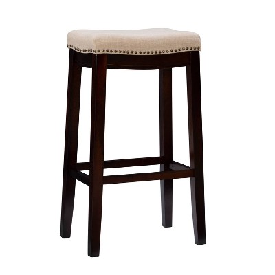 Nail Head Backless Barstool Upholstered Seat - Beige/Walnut - Linon