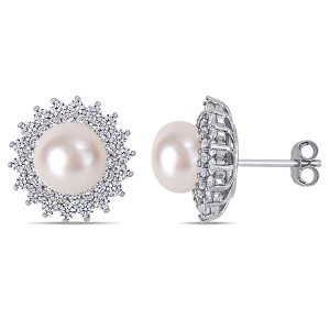 EVERLY JEWELRY |Sterling Silver 8.5 - 9 MM Cultured Freshwater Pearl and 1 5/8 CT TGW Cubic Zirconia Floral Halo Stud Earrings - 1 of 4