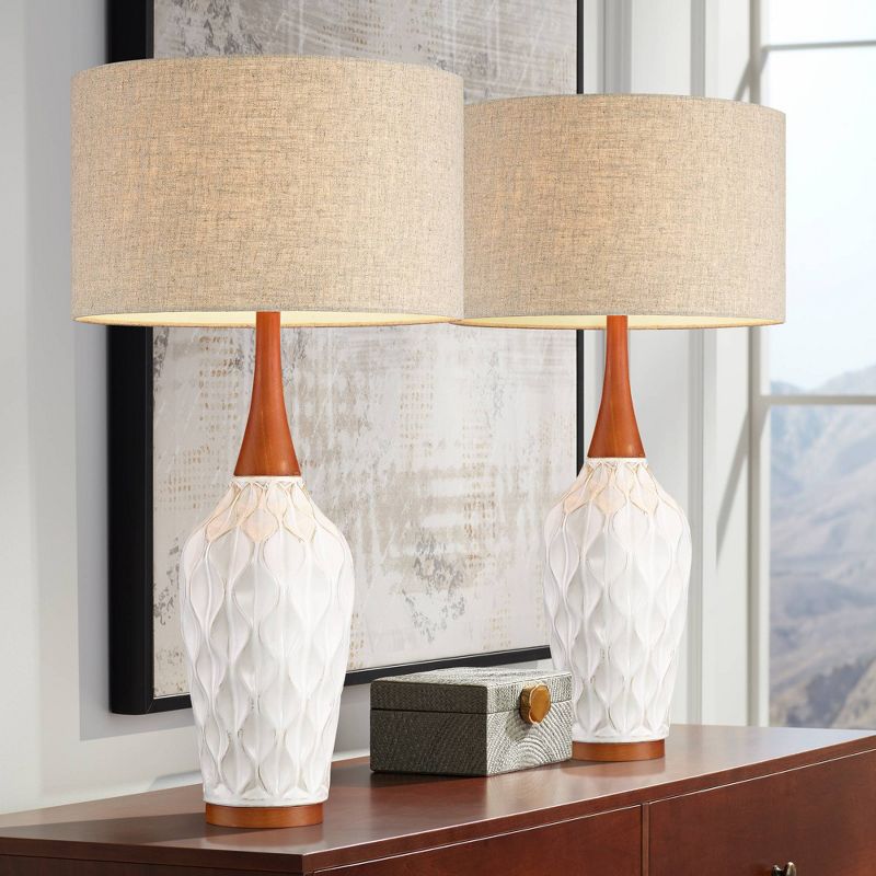 360 Lighting Rocco Modern Mid Century Table Lamps 30" Tall Set of 2 White Ceramic Tan Fabric Drum Shade for Bedroom Living Room Bedside Nightstand, 2 of 8