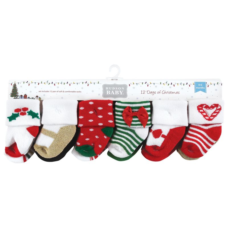 Hudson Baby Infant Girls Cotton Rich Newborn and Terry Socks, 12 Days Of Christmas Girl, 2 of 9