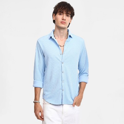 Campus Sutra Men Men's Baby Blue Stripe-Creased Shirt