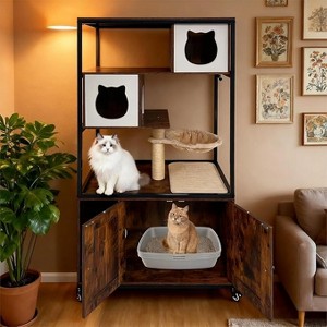 57.5-Inch Cat Litter Box Enclosure Cabinet, Retro Brown Wooden Furniture with Built-in Stainless Steel Litter Pan, Lockable Wheels & Hammock - 1 of 4
