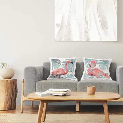 Tropical Pink Flamingo and Green Monstera Leaves Square Pillow Set