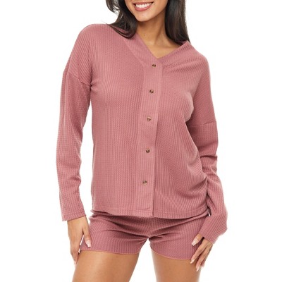 ADR Women's Pajamas Set, Soft Ribbed Knit Waffle Pajamas Lounge Set, Long Sleeve Sweater Top Shirt and Shorts