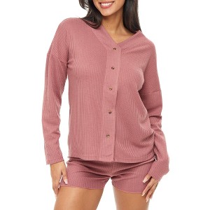 ADR Women's Pajamas Set, Soft Ribbed Knit Waffle Pajamas Lounge Set, Long Sleeve Sweater Top Shirt and Shorts - 1 of 4