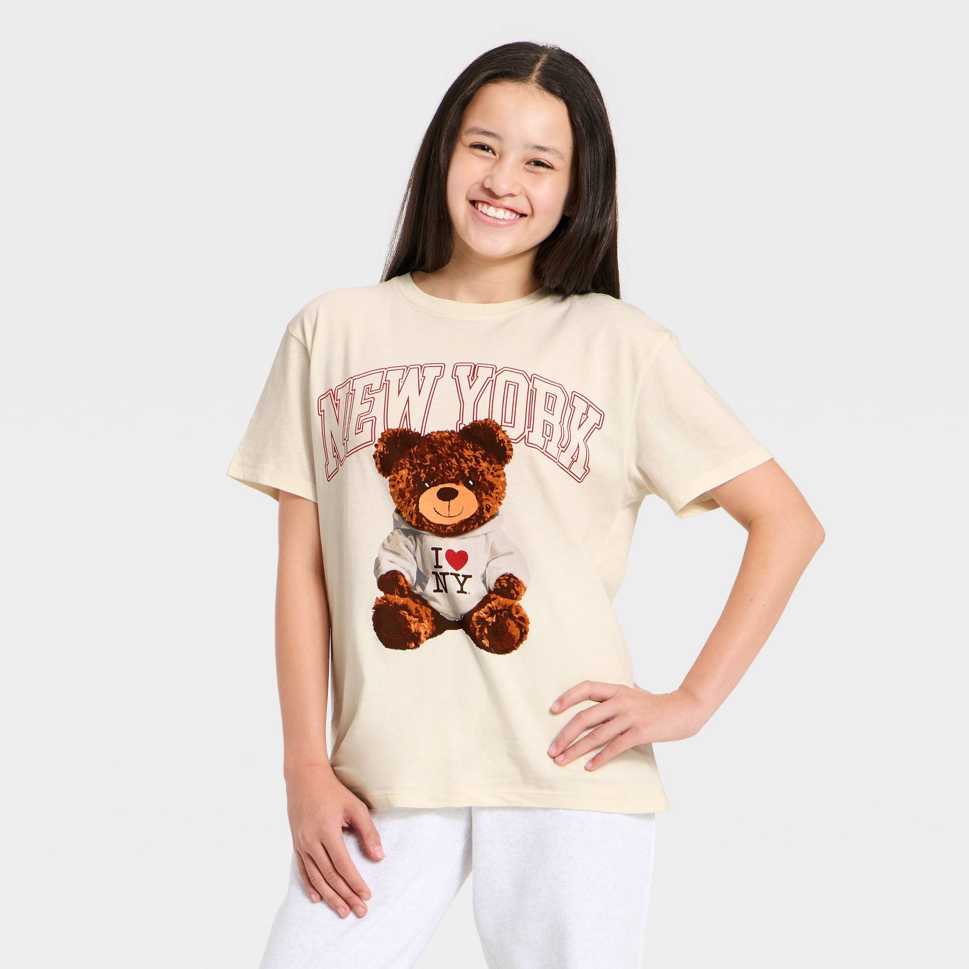 Girls' NYC Short Sleeve Teddy Bear Oversized Graphic T-Shirt - Cream