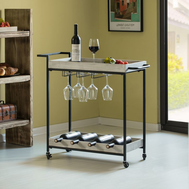 Vintiquewise Metal Wine Bar Serving Cart with Rolling Wheels, Wine Rack, and Glass Holder, 3 of 9