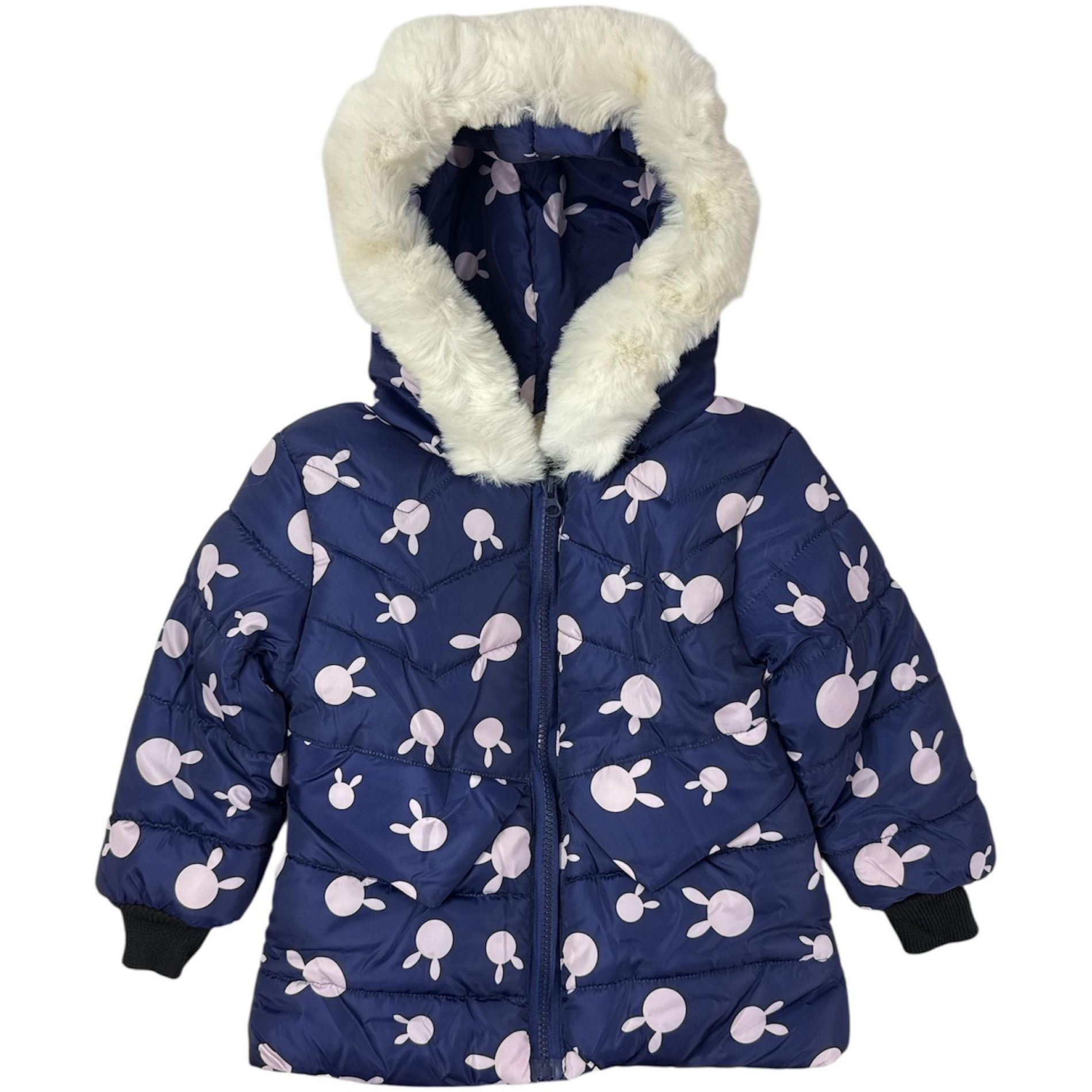 Yoki Toddler Girls' Faux Fur Trim Hooded Puffer Coat, Navy/Bunnies, 4T