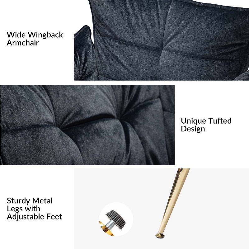 Jonat Contemporary Velvet Wooden Upholstered Armchair with Metal Legs for Bedroom and Living Room | ARTFUL LIVING DESIGN, 5 of 11