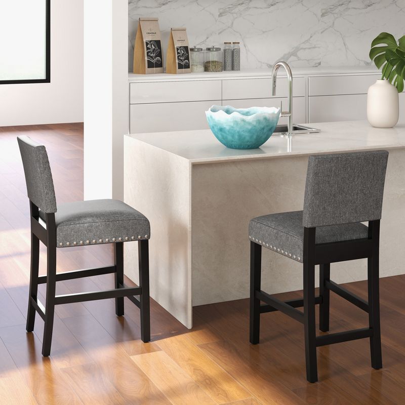 Costway Set of 2 Counter/Bar Height Chairs with Solid Rubber Wood Frame & Adjustable Foot Pads Gray & Dark Brown, 2 of 10