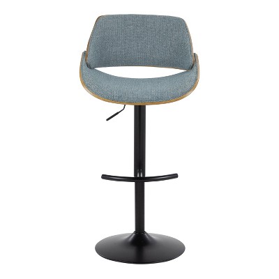 Walnut Wood and Blue Fabric Adjustable Swivel Barstools, Set of 2