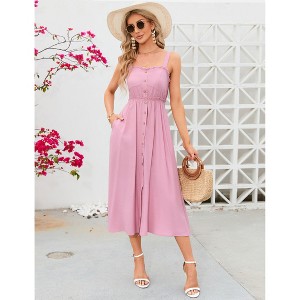 Clearlove Women's Casual Summer Midi Dress Spaghetti Strap Button Down Sleeveless A-Line Beach Swing Sundress - 1 of 4