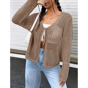 Women's Lightweight Crochet Cardigan Open Front Tie Shrug Knit Crop Top Summer Cardigan - 1 of 4