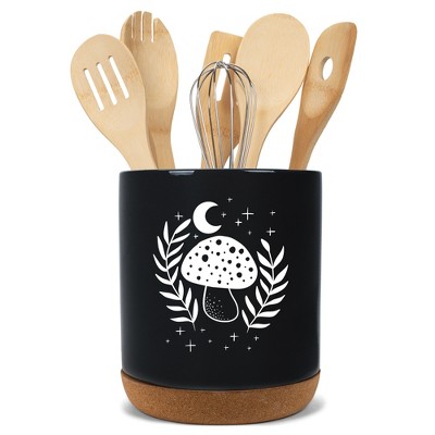 Elanze Designs 8 inch Moon Mushroom Leaf and Stars Large Ceramic Kitchen Utensil Holder Black and White Crock with Cork Base