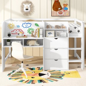 LOVSON Full-size low loft bed with built-in desk, storage cabinets and open bookshelves, whiteboards for scribbling, white - 1 of 4