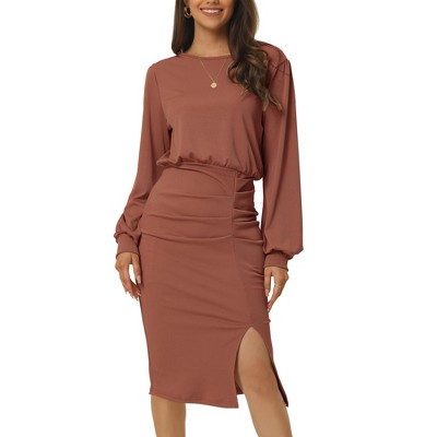 Seta T Women's Boat Neck Ruched Lantern Sleeve High Waist Side Slit Hem Midi Dress
