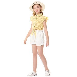 Girls Tie Front Knot Tops with Ruffle Sleeve Plaid Tops Tie Front Blouse Short Sleeve Button Down Shirts for Toddler Girls - 1 of 4
