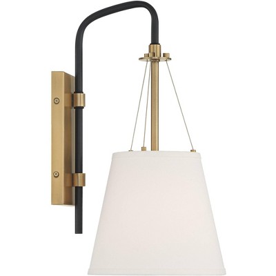 Crysta Mid-Century Brass & Black Wall Sconce with White Linen Shade