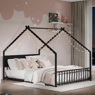 House Bed with Roof and Colorful Lights, Metal Bed Frame with Slats and Legs