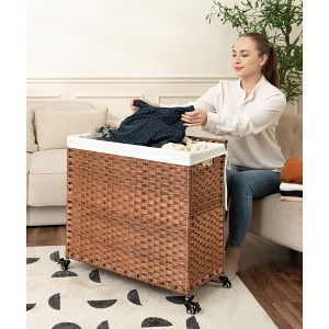 VYNXARIA Laundry Hamper With Lid PE Rattan Powder Coating Frame Clothes Hampers with 02 Removable Bags, Wheels, 160L, Brown Color - 1 of 4