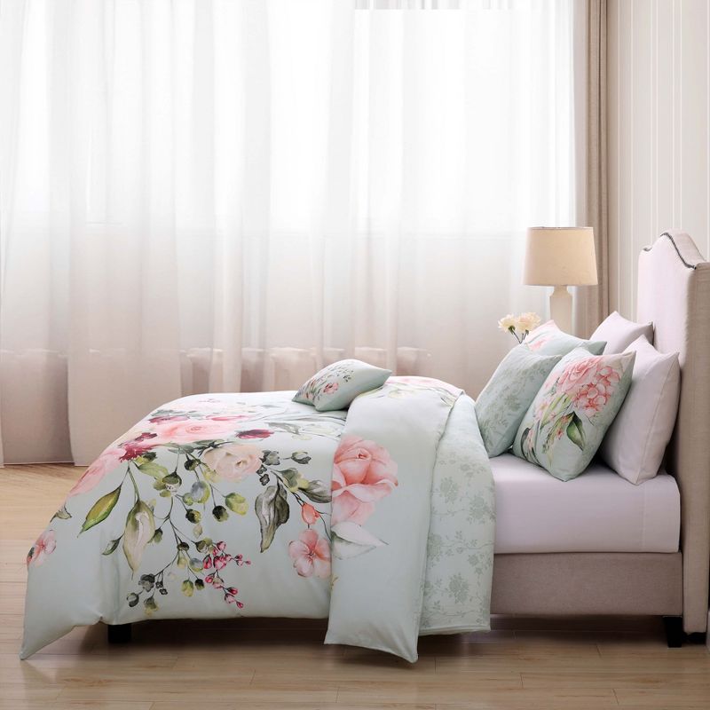 Bebejan Rose on Misty Green 100% Cotton 5-Piece Reversible Comforter Set, 3 of 11