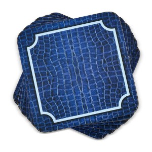 Pimpernel Blue Croc Leather Coasters - Set of 6 Patterned Leather Drink Protectors with Cork Backing, Heat Resistant & Stain Resistant Surface Shields - 1 of 4