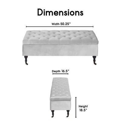 Pearl Gray Velvet Tufted Storage Bench with Wheels