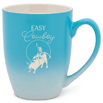 100 North Bull Rider 10 Ounce Blue and White Two Toned Ombre, Comfortably Fits Your Hands, Ceramic Tea Coffee Cup Mug, Easy Cowboy