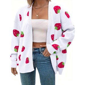 Women's Plus Size Strawberry Print Cardigan Knit Long Sleeve Loose Open Front Sweater Outerwear - 1 of 4