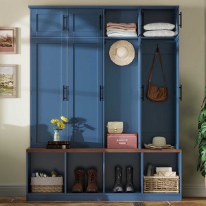 AENKYO Hall Tree with Bench - Entryway Storage Cabinet with 8 Doors & Hidden Hooks, Mudroom Bench with Shoe Storage for Living Room - White Walnt - 1 of 4