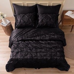 7-Piece Queen Satin Comforter Set - Luxurious Black Pinch Pleat Bedding with Sheets & Shams, All-Season Silky Soft - 1 of 4
