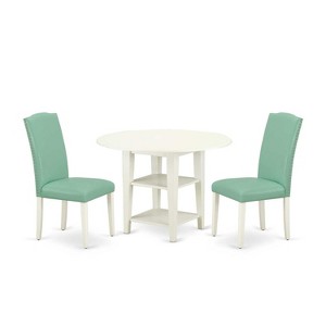 Vintage Dining Set 3Pc Table & 2 Chairs - 20x42" Table w/ Drop Leaves - Linen White Legs - PU Leather Seat - 1 of 4