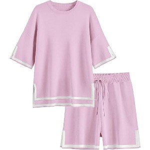 Ekouaer Womens Knit Lounge Set 2 Piece Sweater Sets Short Sleeve Sweatsuit Pullover Tops - 1 of 4