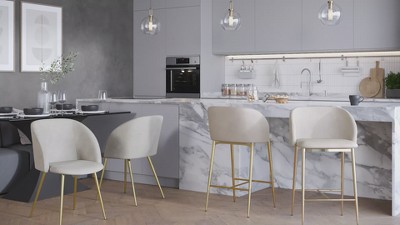 Set of 2 White Velvet Upholstered Dining Chairs with Metal Legs