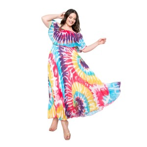 Slickblue Plus Size Off-Shoulder Tie Dye Pleated Maxi Dress, Multi-Hot Pink/Blue, Stretch Fabric, 1XL-3XL - 1 of 4
