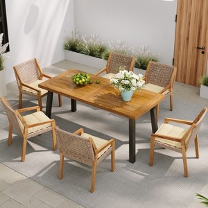 Christopher Knight Home Neva 7 Piece Industrial Outdoor Acacia Wood and Wicker Dining Set with Cushions - 1 of 4