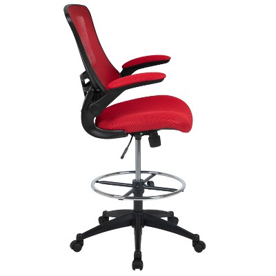 Adjustable Red Mesh Drafting Chair with Lumbar Support and Flip-Up Arms