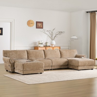 142" U-Shaped Comfy Modular Sectional Sofa Set,Wooden Frame Petal Armrest Chenille Fabric Sofas Set,6 Seater Modular Lounge Couch-Baofuwish