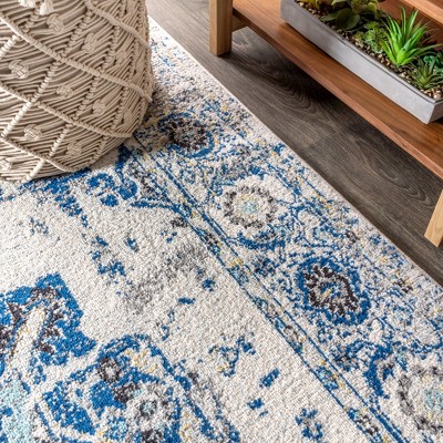 Ivory and Blue Persian Boho Vintage Medallion Area Rug