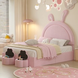 Full/Twin Size Velvet Upholstered Rabbit-Shape Bed with 2 Storage Stools 4Q - ModernLuxe - 1 of 4