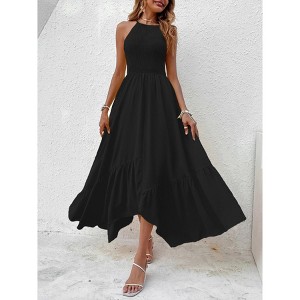 Women's Asymmetric Hem Slip Dress Solid Color Strappy Sleeveless, Casual Evening  Midi Dress black,L : Target