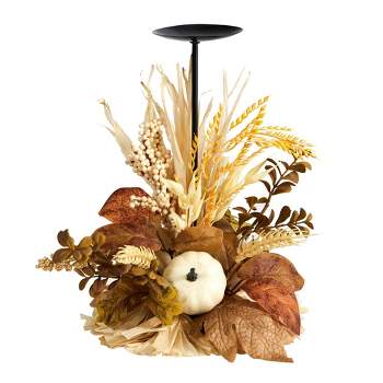 Nearly Natural 12-in Autumn Harvest and Pumpkin Fall Candle Holder
