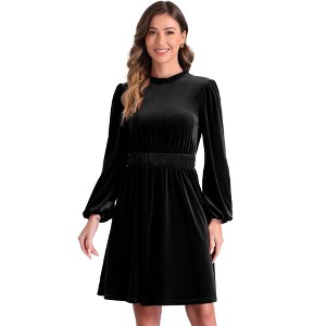 Allegra K Women's Velvet Smocked Waistline Long Sleeve Wedding Guest Dress - 1 of 4