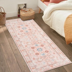 Floral Medallion Washable Rug, Non Slip Boho Accent Carpet for Entryway Bedroom Kitchen or Office, Soft Low Pile - 1 of 4