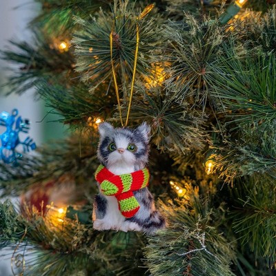 Mini Gray and White Faux Fur Cat Ornament with Scarf