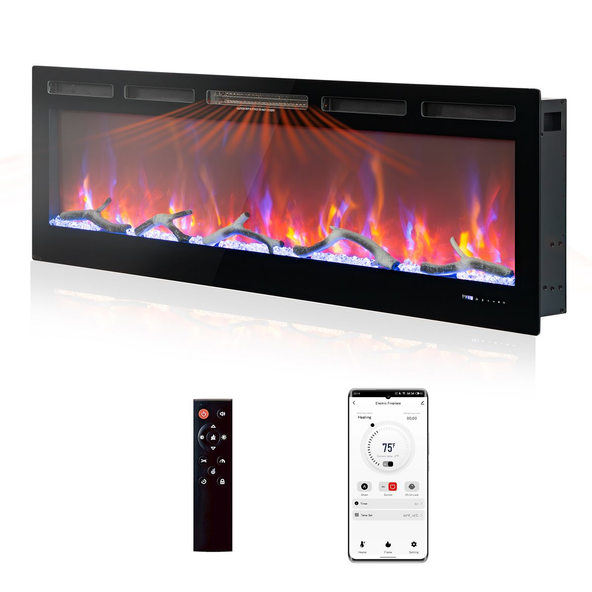 72" Smart Ultra‑Thin Electric Fireplace Insert, WiFi Alexa, 750W/1500W, Multicolor Flames, Thermostat Timer, Wall‑Recessed w/ Remote, Log & Crystal - thumbnail 7