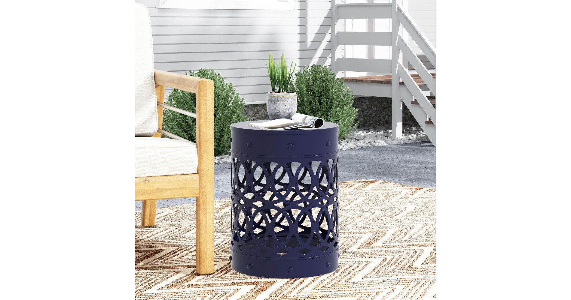 TUYOHW Modern Round Patio End Table,Iron Patio Side Table for Backyard,Pool, Indoor Companion,Durable and Stable,Navy Blue