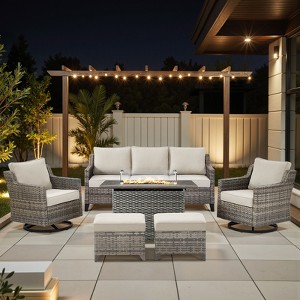 Buenhomino 4/6/7 PCS Patio Furniture Set with Fire Pit Table, Weather-Resistant Wicker Patio Fire Pit Set with Sofa Couch, Swivel Patio Chair Set - 1 of 4